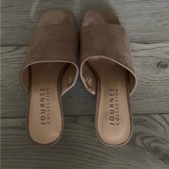 Taupe Slip On Open Toe Kitten Heel Pumps (6) - Picture 2 of 5